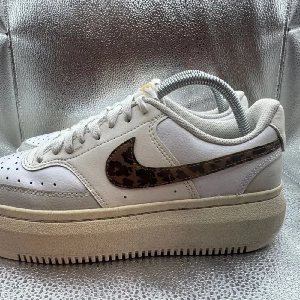Size 9.5 - Nike Court Vision Alta Womens White Leopard Platform Shoes DO2791-100